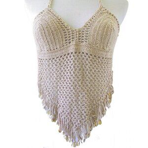 BALI QUEEN 70's Inspired Crocheted Cotton Seashell Fringe Halter Top Women's OS